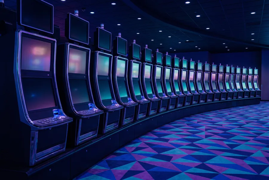 Generated picture: a long curving row of modern gaming machines with dark screens on a carpet of cobalt, violet and teal triangles, empty in the early morning.